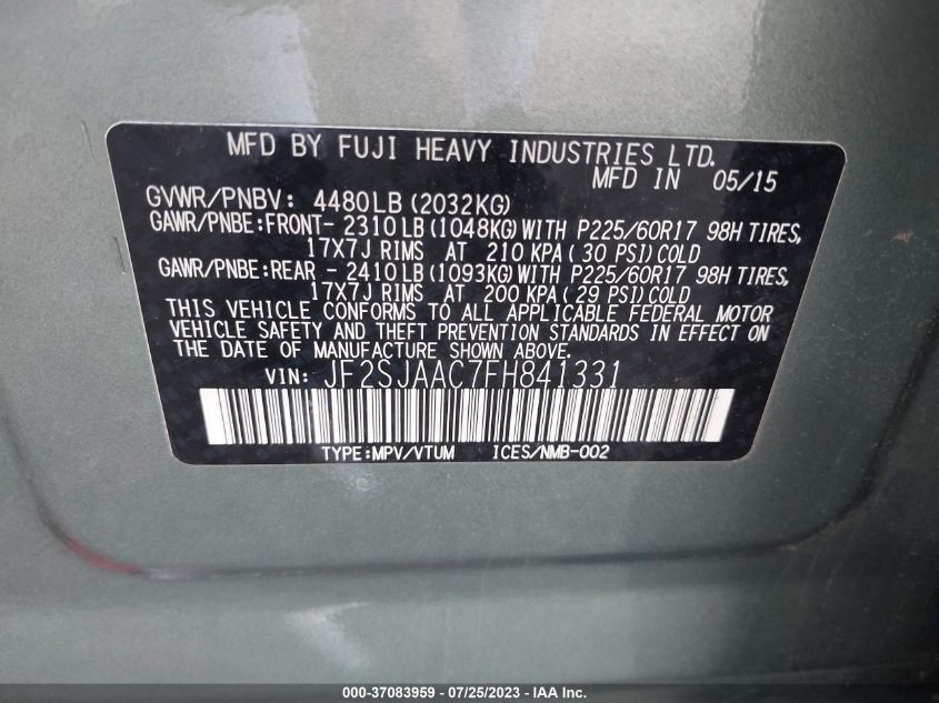 2015 SUBARU FORESTER 2.5I - JF2SJAAC7FH841331