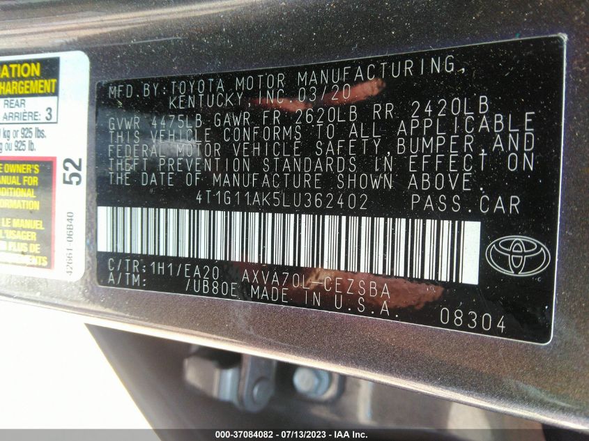 2020 TOYOTA CAMRY SE - 4T1G11AK5LU362402