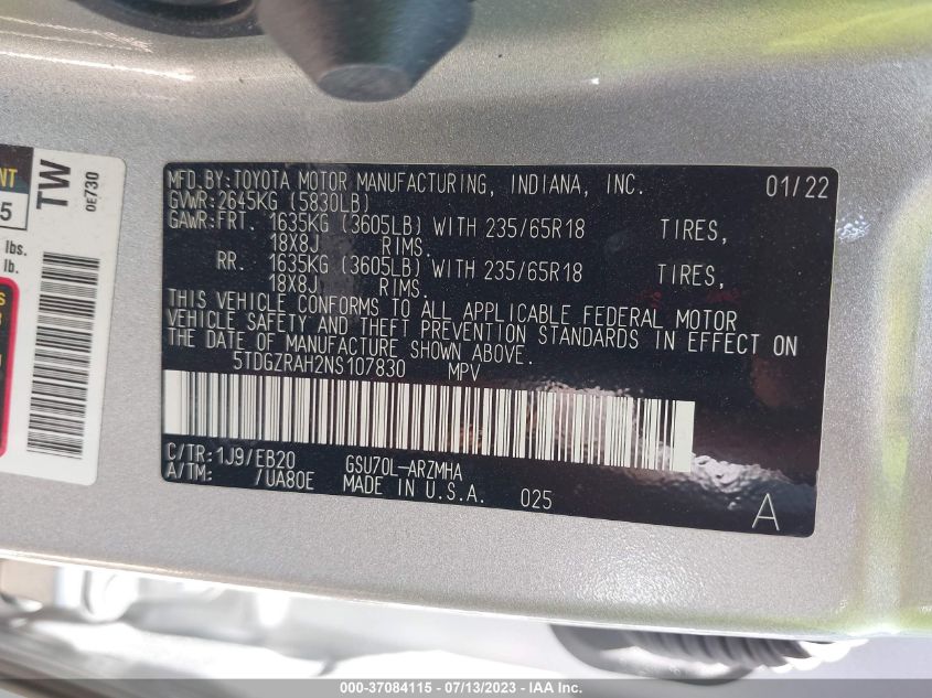 2022 TOYOTA HIGHLANDER XLE - 5TDGZRAH2NS107830