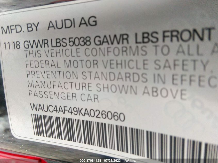 2019 AUDI S4 PRESTIGE WAUC4AF49KA026060