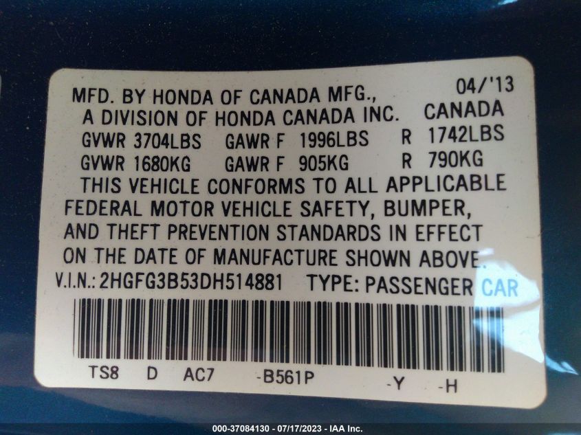 2013 HONDA CIVIC CPE LX 2HGFG3B53DH514881