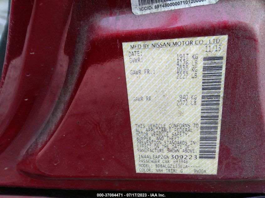 2016 NISSAN ALTIMA 2.5 - 1N4AL3AP2GN309223