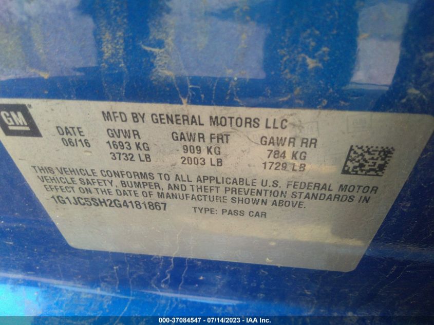 2016 CHEVROLET SONIC LT - 1G1JC5SH2G4181867