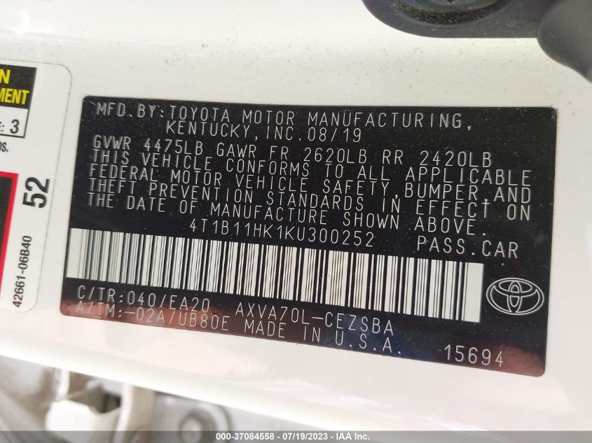 2019 TOYOTA CAMRY LE/SE/XLE/L - 4T1B11HK1KU300252