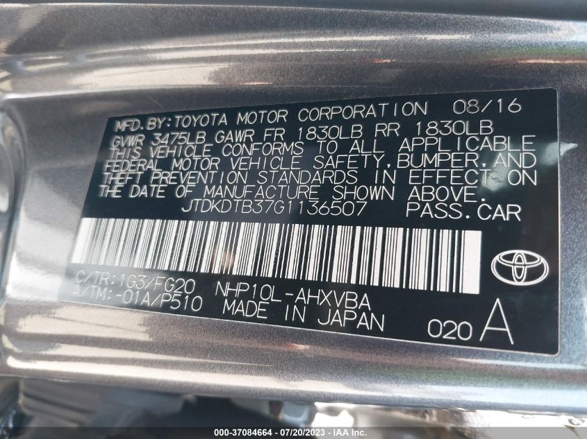 2016 TOYOTA PRIUS C ONE/TWO/THREE/FOUR - JTDKDTB37G1136507