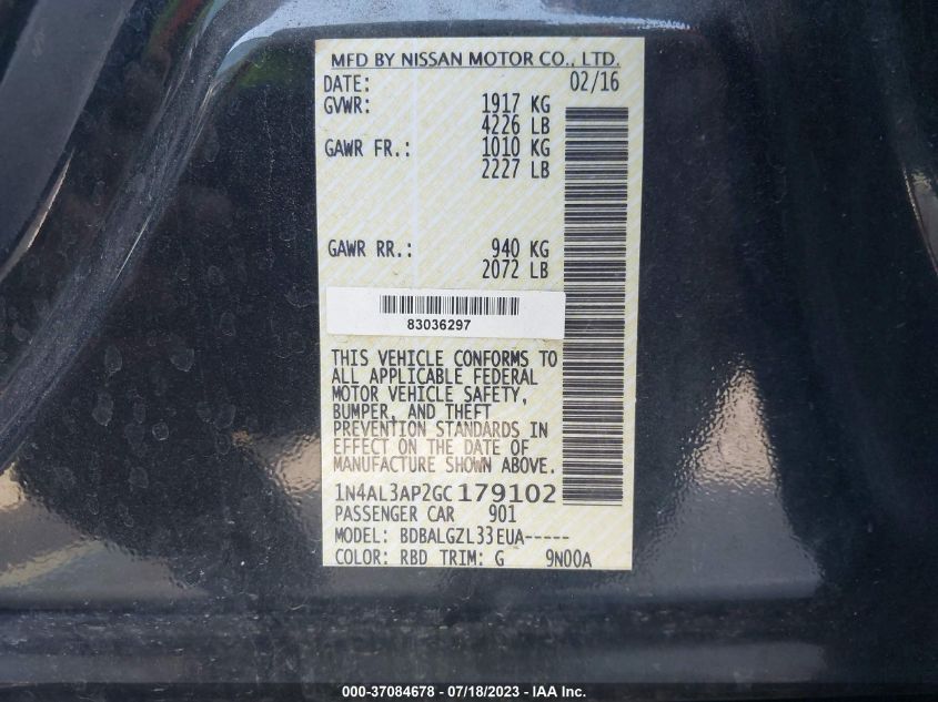 2016 NISSAN ALTIMA 2.5/S/SV/SL/SR - 1N4AL3AP2GC179102
