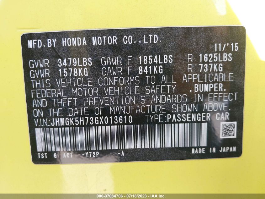 2016 HONDA FIT EX - JHMGK5H73GX013610