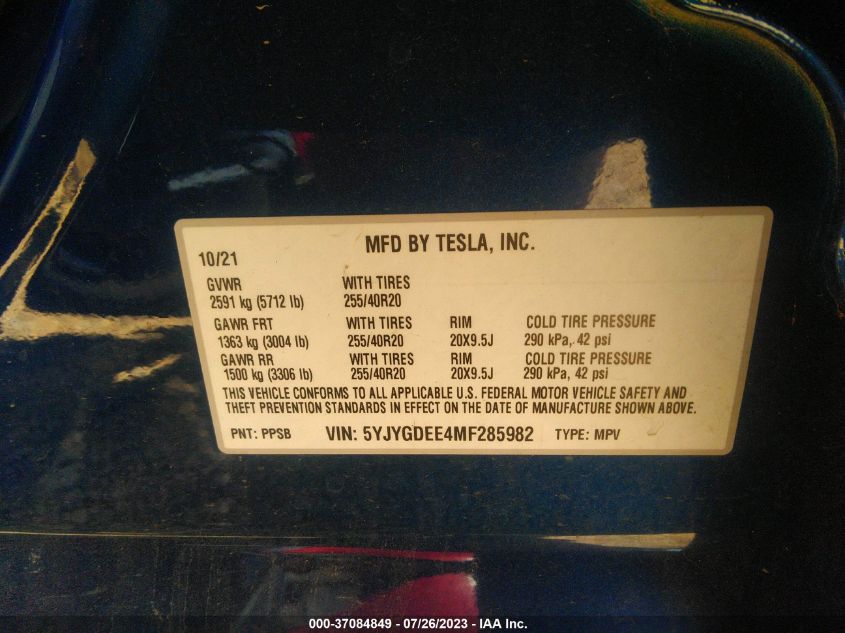 2021 TESLA MODEL Y LONG RANGE - 5YJYGDEE4MF285982