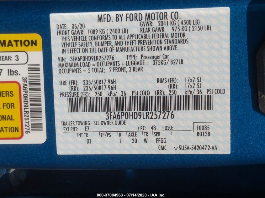 3FA6P0HD9LR257276 2020 FORD FUSION, photo no. 9