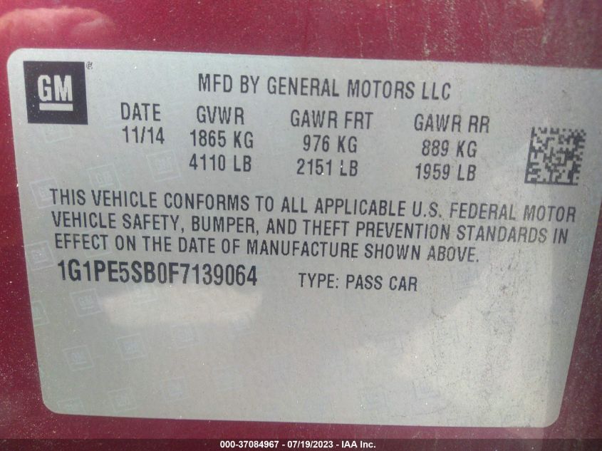 2015 CHEVROLET CRUZE LT - 1G1PE5SB0F7139064