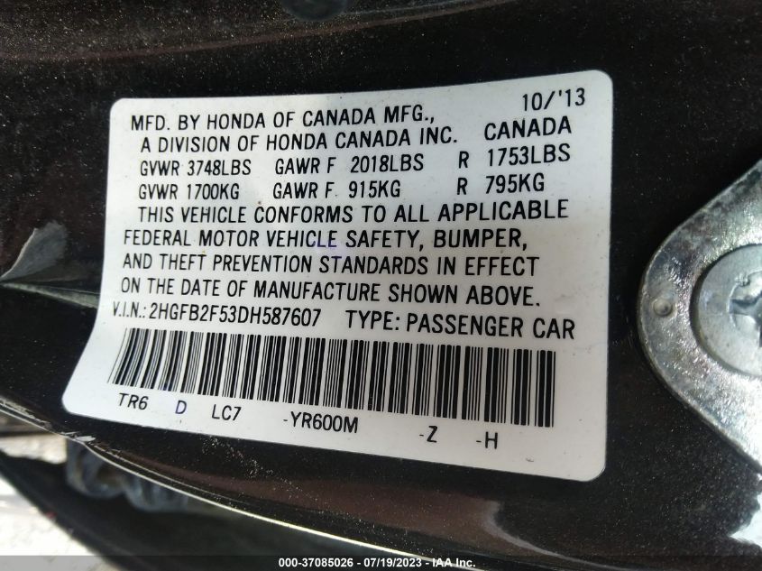 2013 HONDA CIVIC SDN LX - 2HGFB2F53DH587607