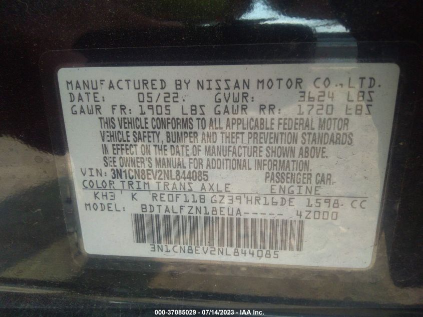 2022 NISSAN VERSA SV - 3N1CN8EV2NL844085
