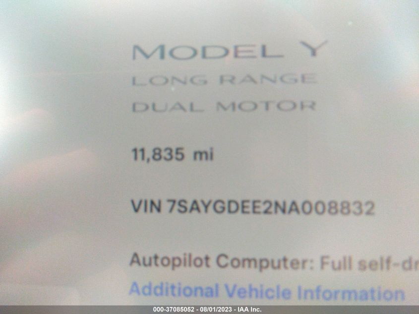 2022 TESLA MODEL Y - 7SAYGDEE2NA008832