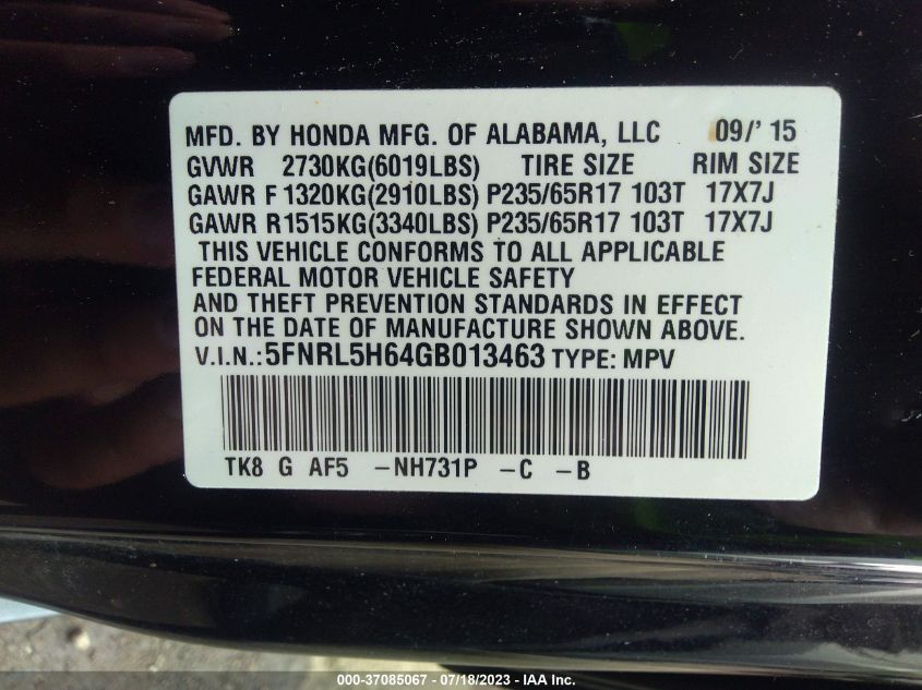 2016 HONDA ODYSSEY EX-L - 5FNRL5H64GB013463