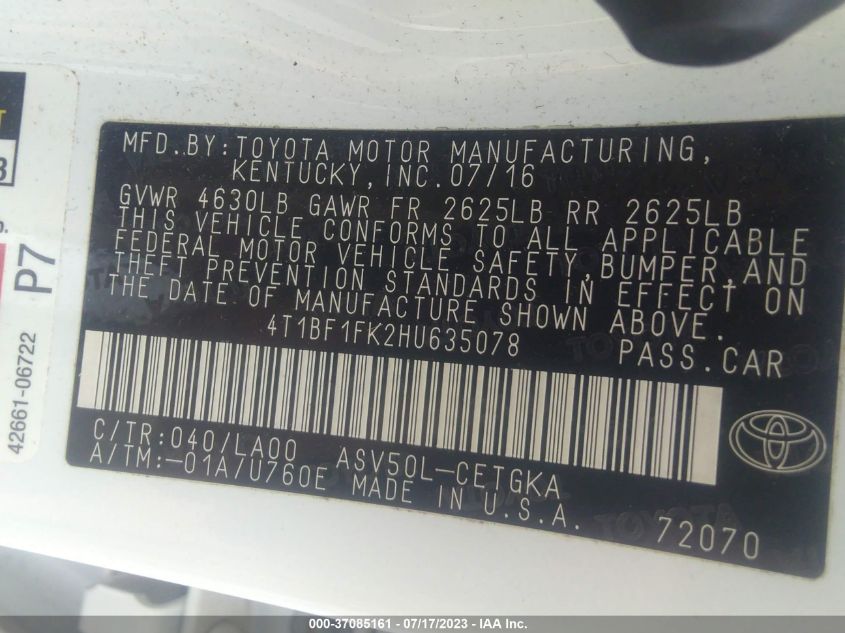 2017 TOYOTA CAMRY XLE/SE/LE/XSE - 4T1BF1FK2HU635078