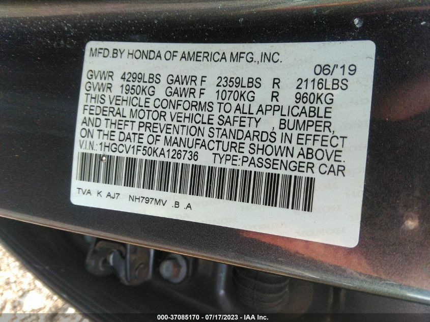 2019 HONDA ACCORD SEDAN EX-L 1.5T - 1HGCV1F50KA126736