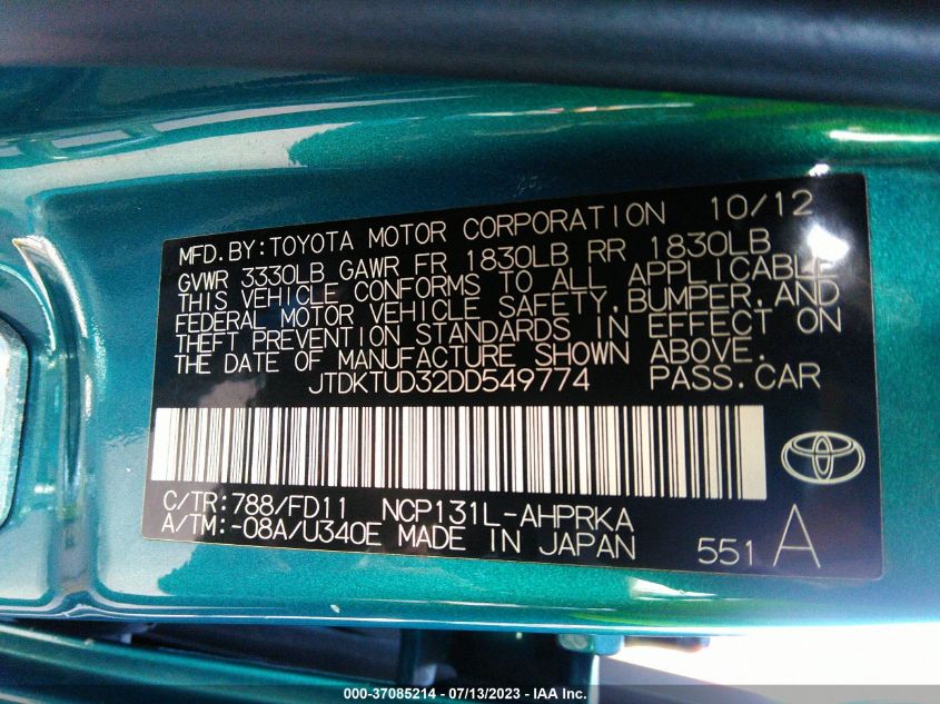 2013 TOYOTA YARIS L/LE/SE - JTDKTUD32DD549774