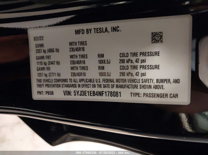 5YJ3E1EB4NF178081 Tesla Model 3 LONG RANGE 9