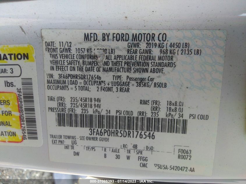 2013 FORD FUSION SE - 3FA6P0HR5DR176548