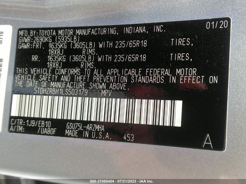 2020 TOYOTA HIGHLANDER XLE - 5TDHZRBH1LS503179