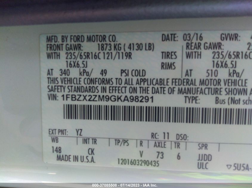 2016 FORD TRANSIT WAGON XL/XLT - 1FBZX2ZM9GKA98291