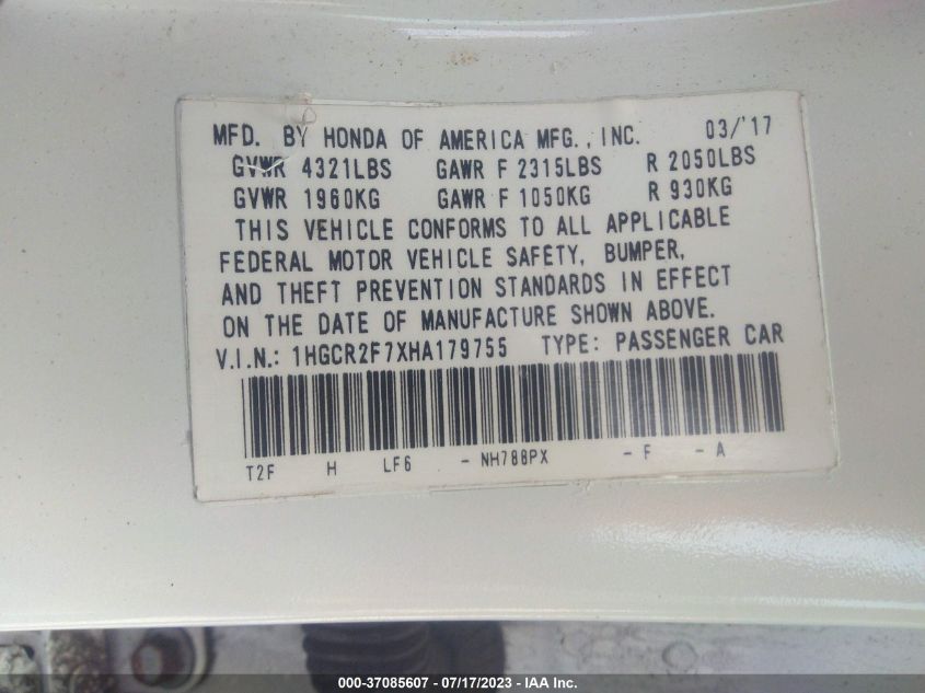 2017 HONDA ACCORD SEDAN EX - 1HGCR2F7XHA179755