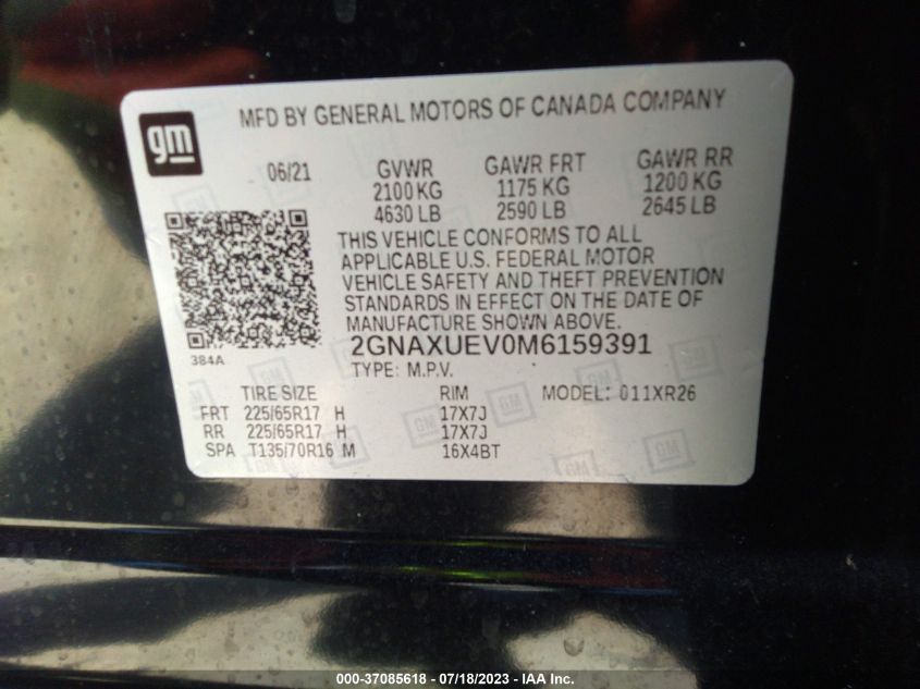 2021 CHEVROLET EQUINOX LT - 2GNAXUEVOM6259391