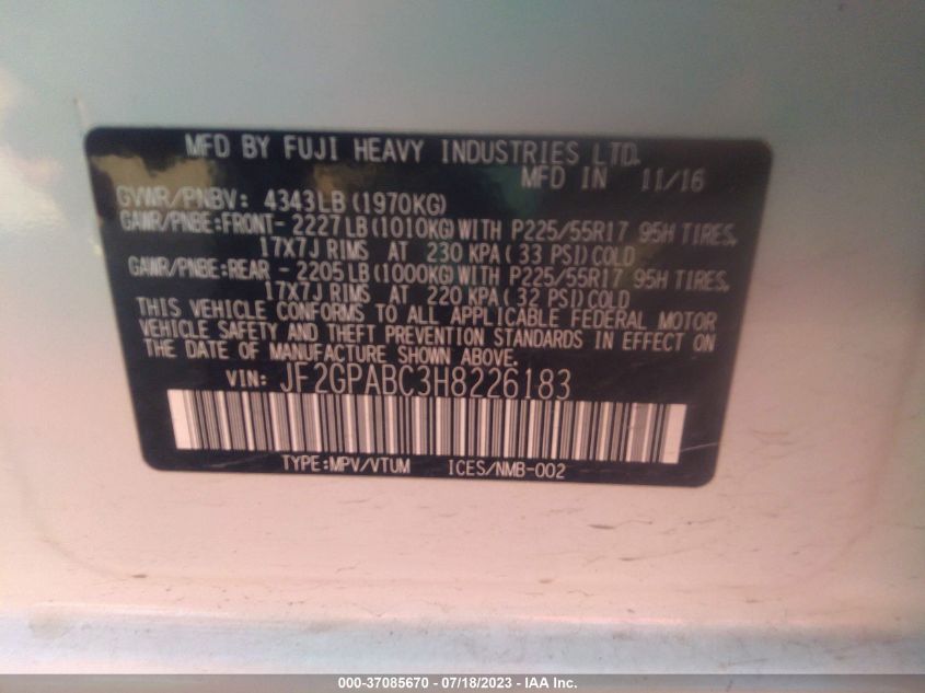 2017 SUBARU CROSSTREK PREMIUM - JF2GPABC3H8226183