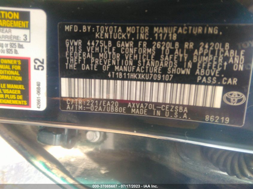 2019 TOYOTA CAMRY LE/SE/XLE/L - 4T1B11HKXKU709107