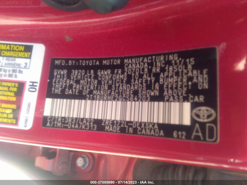2016 TOYOTA COROLLA L/LE/S/S PLUS/LE PLUS - 2T1BURHE2GC564203