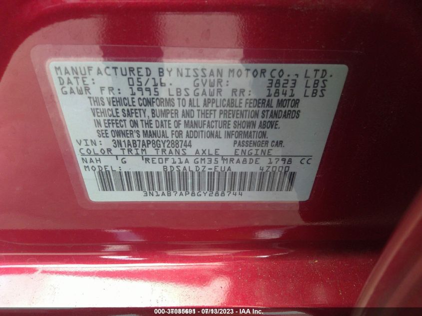 2016 NISSAN SENTRA SV - 3N1AB7AP8GY288744