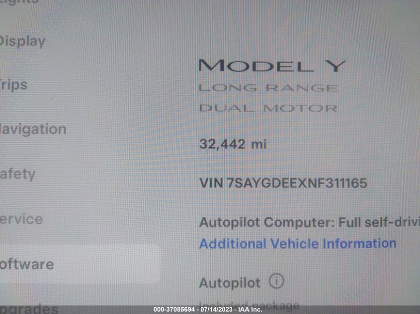2022 TESLA MODEL Y LONG RANGE - 7SAYGDEEXNF311165