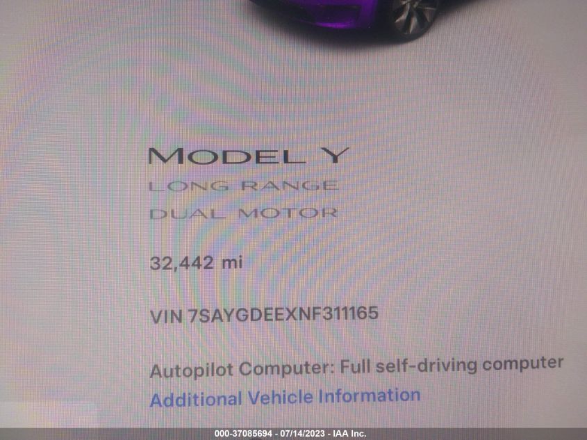 2022 TESLA MODEL Y LONG RANGE - 7SAYGDEEXNF311165