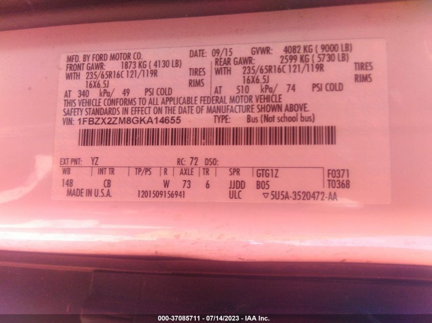 2016 FORD TRANSIT WAGON XL/XLT - 1FBZX2ZM8GKA14655