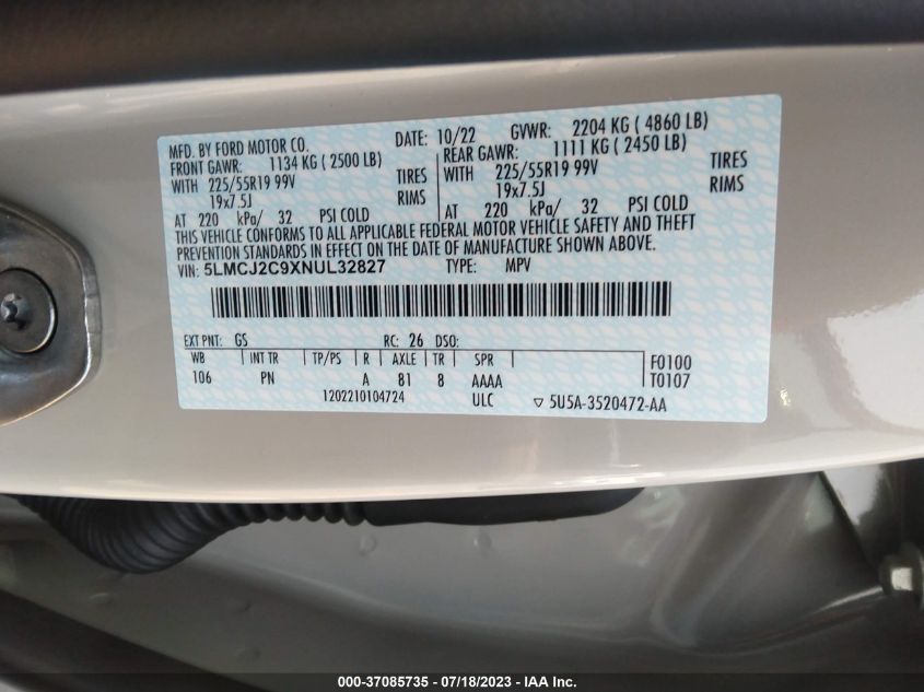 2022 LINCOLN CORSAIR RESERVE - 5LMCJ2C9XNUL32827