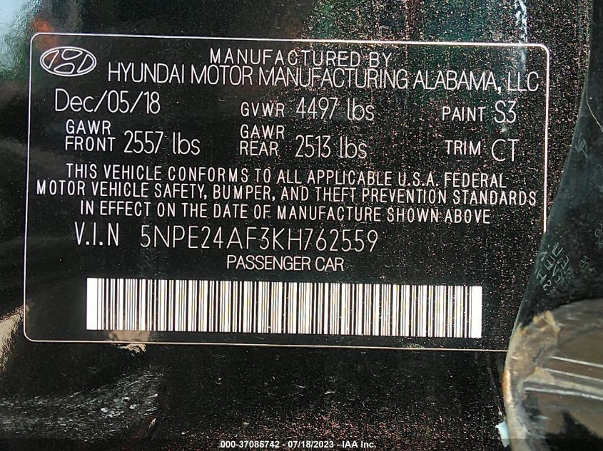 2019 HYUNDAI SONATA SE - 5NPE24AF3KH762559