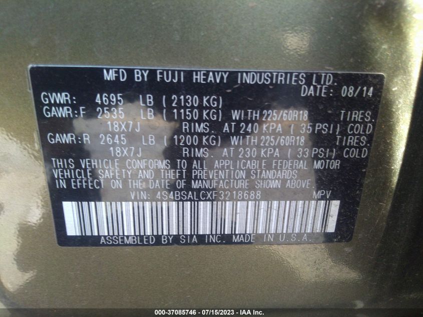 2015 SUBARU OUTBACK 2.5I LIMITED - 4S4BSALCXF3218688