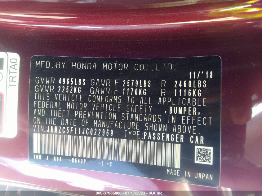2018 HONDA CLARITY PLUG-IN HYBRID JHMZC5F11JC022969