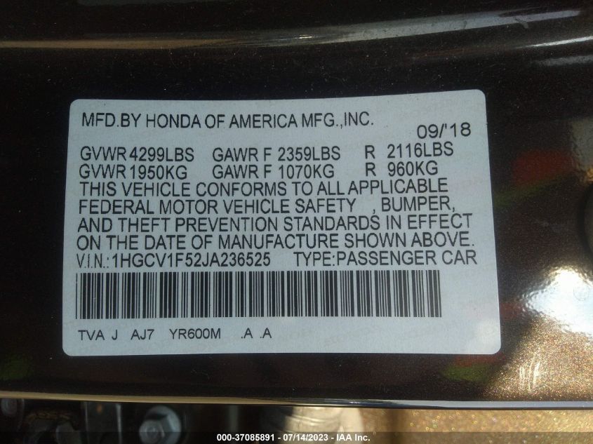 2018 HONDA ACCORD SEDAN EX-L 1.5T - 1HGCV1F52JA236525