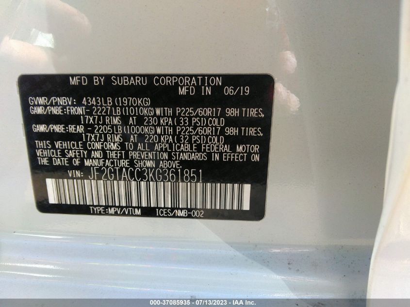 2019 SUBARU CROSSTREK PREMIUM - JF2GTACC3KG361851