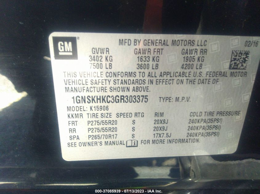 2016 CHEVROLET SUBURBAN LT - 1GNSKHKC3GR303375