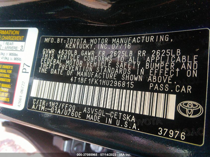 2017 TOYOTA CAMRY LE/XLE/SE/XSE - 4T1BF1FK1HU296815