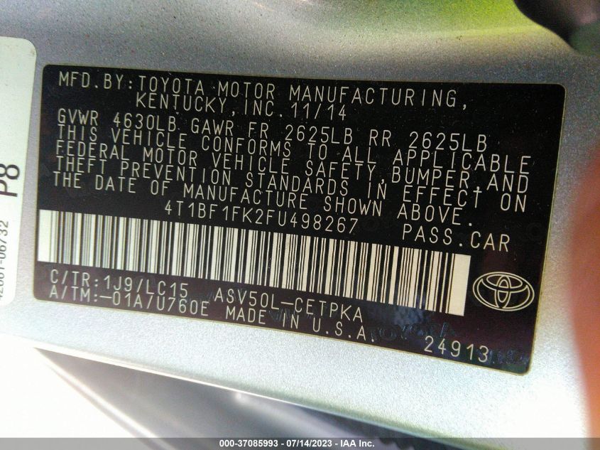2015 TOYOTA CAMRY XLE/SE/LE/XSE - 4T1BF1FK2FU498267