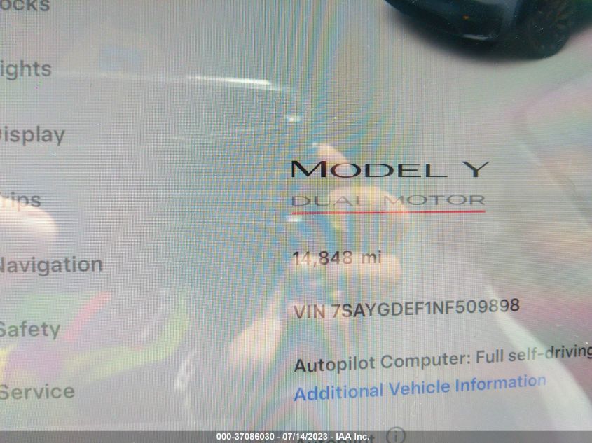 2022 TESLA MODEL Y - 7SAYGDEF1NF509898