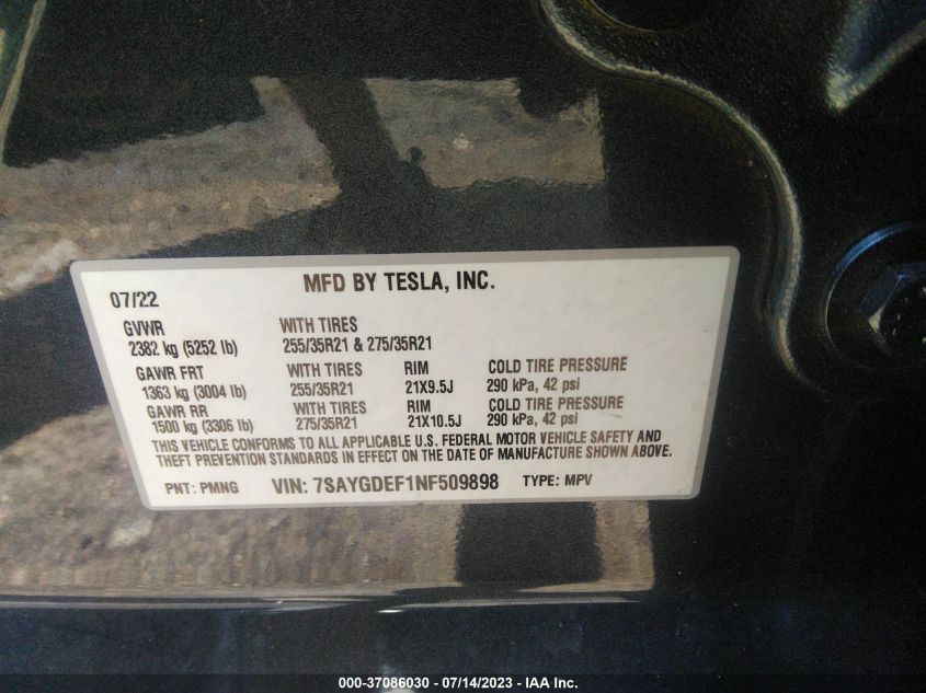 2022 TESLA MODEL Y - 7SAYGDEF1NF509898