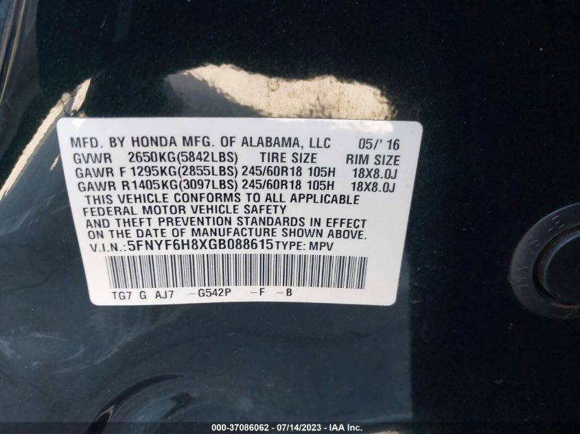 2016 HONDA PILOT EX-L - 5FNYF6H8XGB088615