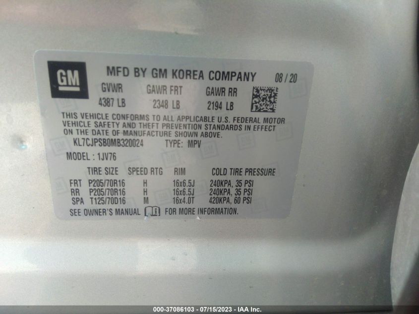 2021 CHEVROLET TRAX LT - KL7CJPSB0MB320024