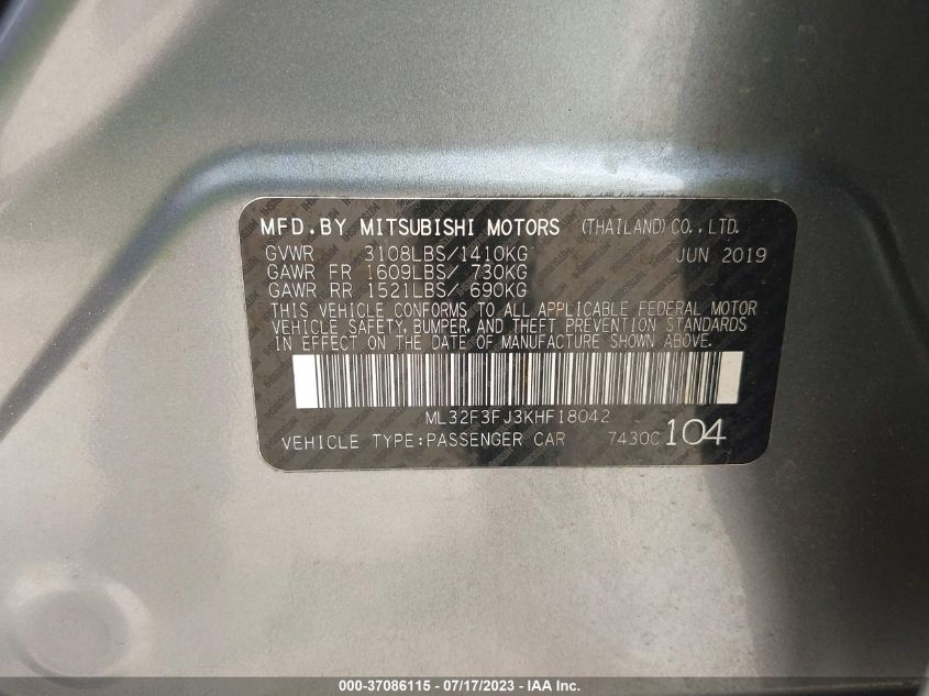 2019 MITSUBISHI MIRAGE G4 ES/RF - ML32F3FJ3KHF18042