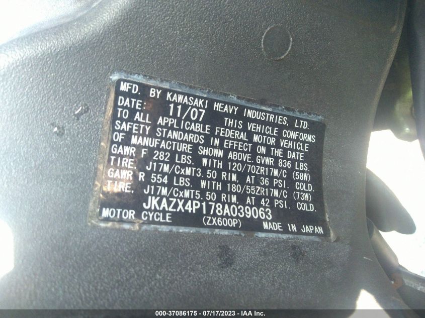 2008 KAWASAKI ZX600 P JKAZX4P178A039063