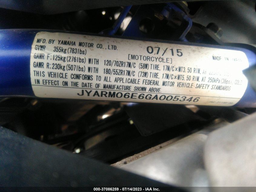 2016 YAMAHA FZ07 JYARM06E6GA005346